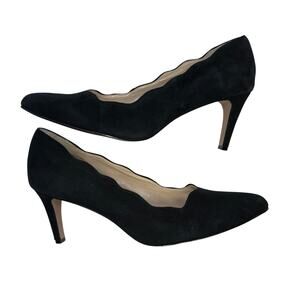 Adrienne Vittadini Black Suede Pointed Toe Pumps 9.5M Scalloped Edge Dressy Chic